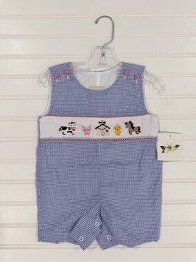 Blue Gingham Kids One-Piece Romper with Farm Animal Smocking